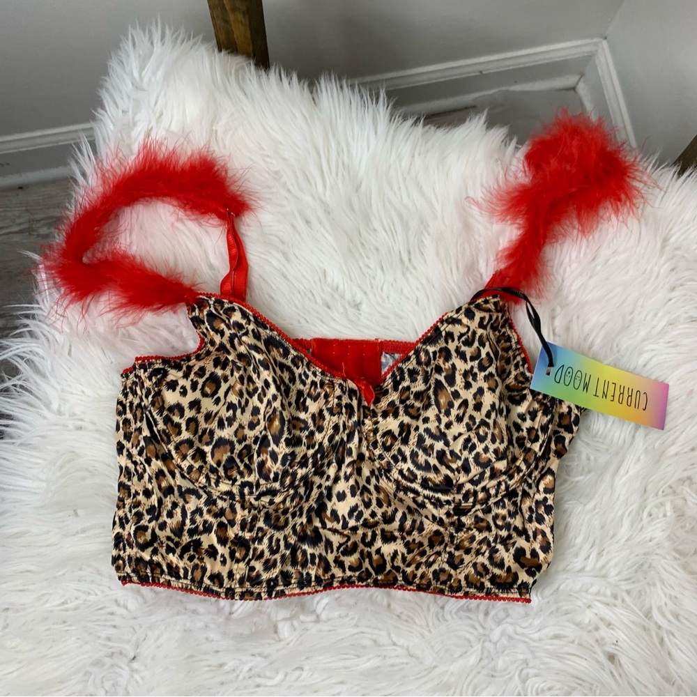 Current Mood Dolls Kill Leopard Print Bralette with Red Accents L